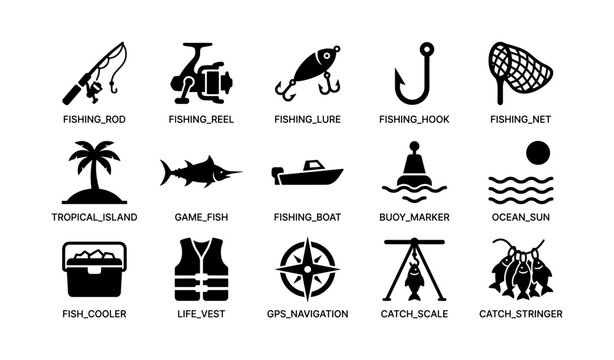 Fishing equipment and activities icons set: rod, reel, lure, hook, net, and more