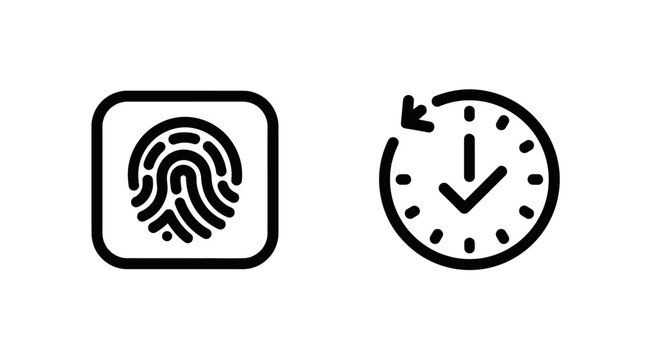 Fingerprint identity scan icon and circular arrow clock icon, biometric authentication and time management symbols