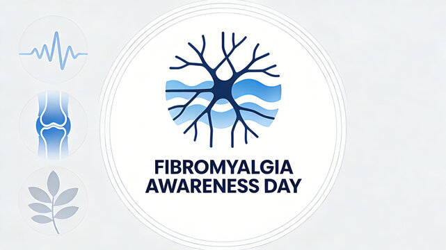 The Fibromyalgia Awareness Day poster featuring neuronal joint elements represents the concept of chronic pain education and public welfare promotion that focuses on relevant patient groups,
