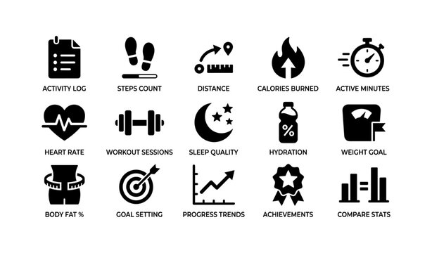 Fitness icons set: activity log, steps count, distance, calories burned, active minutes