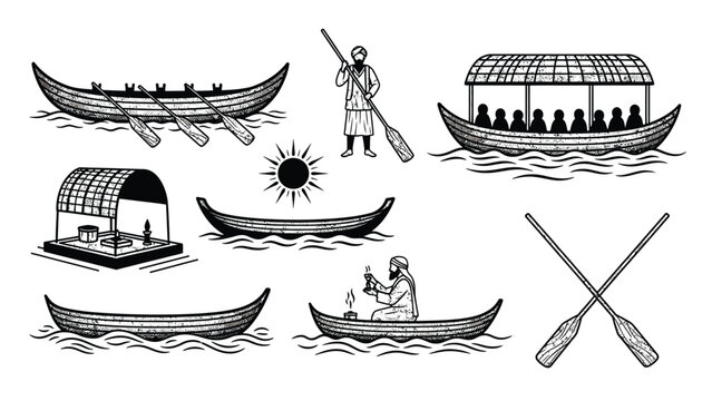 Traditional indian boat set with rowing oars and passenger vessel in vintage style.