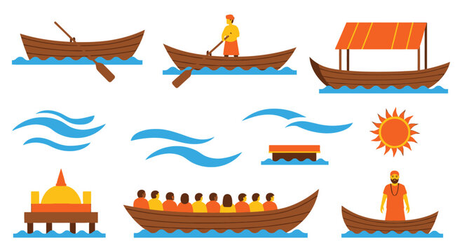 Vector illustration of traditional indian river boats with passengers and temple structure.