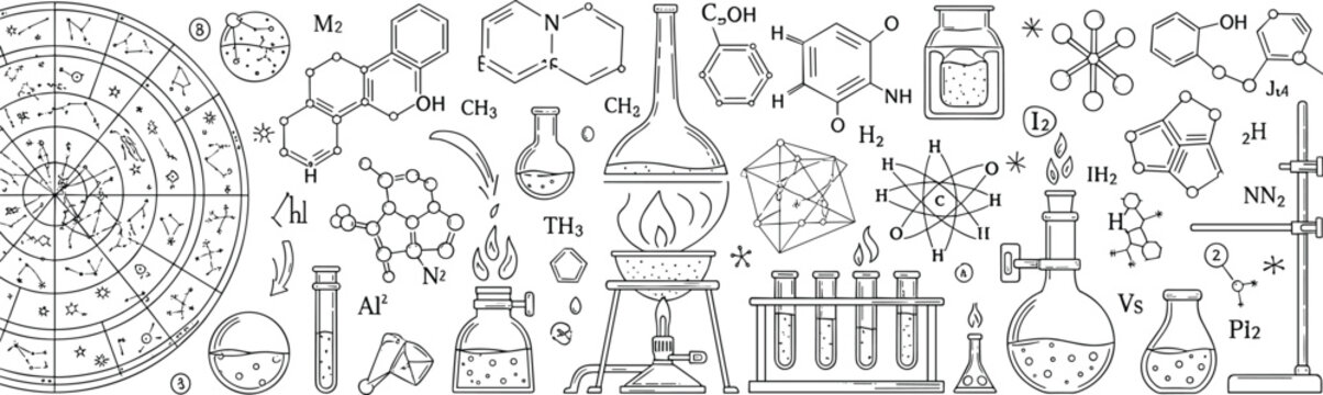 Chemistry Laboratory and Scientific Research Illustration Set with Chemical Formulas, Lab Equipment, Molecules, and Science Hand Drawn Vector Collection