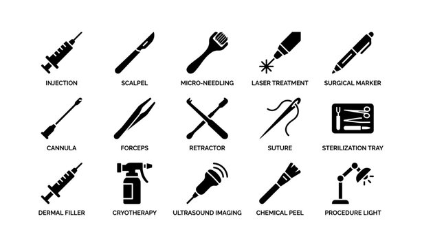 Surgical and cosmetic tools icons set: injection scalpel laser suture peel