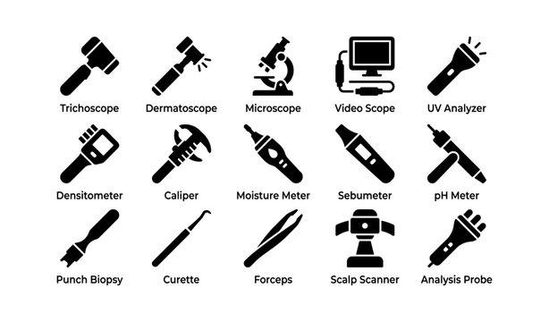 Dermatology equipment icons: trichoscope, microscope, uv analyzer and more