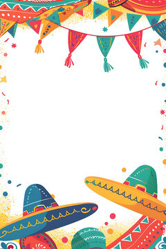 Cinco de Mayo party invitation background with sombreros and bunting flags. Blank copy space for festive event posters and flyers.