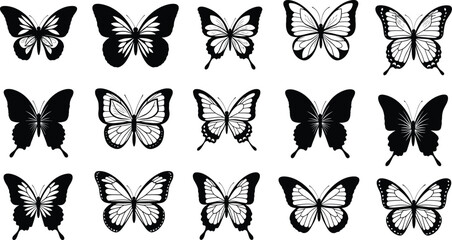 Butterfly Silhouette and Outline Icon Set Featuring Detailed Wing Patterns and Elegant Insect Shapes for Nature Branding Tattoo Designs and Crafts, Transparent Background PNG © MstSheule