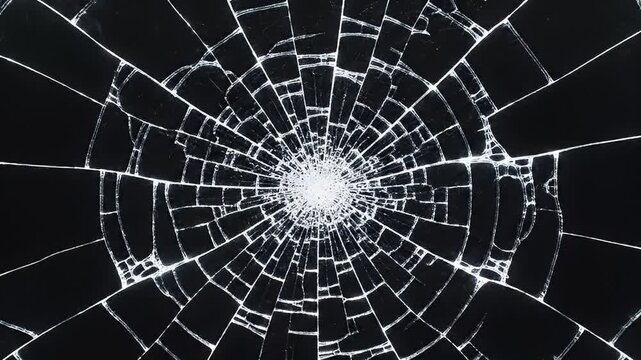 Shattered glass screen with bright impact point on black background