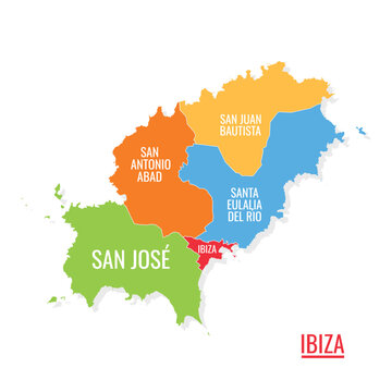 Ibiza island political map featuring colorful administrative districts with city names and white border lines