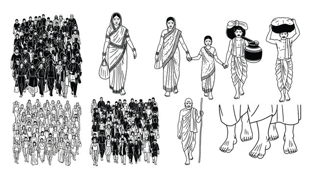 Collection of Indian people in traditional clothing, some carrying pots and baskets.