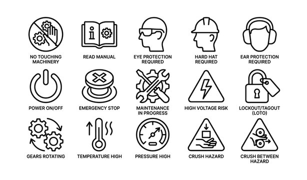 Safety icons for workplace: machinery, protection, emergency, hazard, lockout