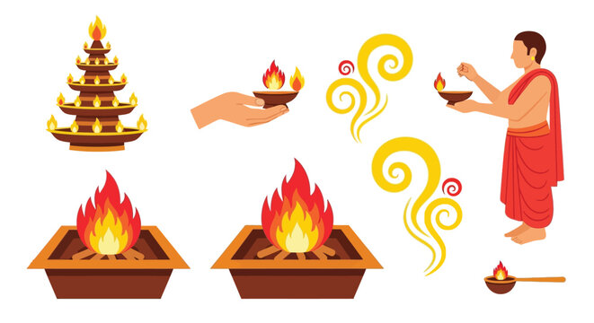 Hindu ritual oil lamp and holy fire elements with priest performing aarti ceremony on white background.