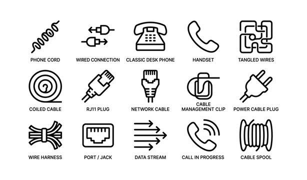 Icon set of communication cables and telephone equipment illustrations