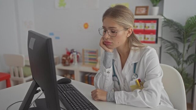 Woman doctor in white coat at desk, resting chin on hand while looking at a monitor, stethoscope and pens visible in a pediatric office building; fatigue focus.