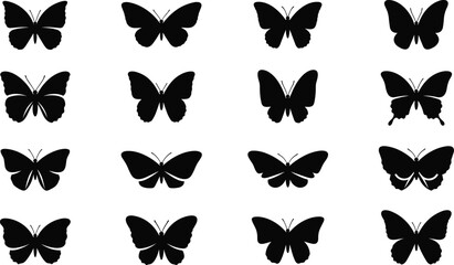 Butterfly Silhouette Icon Set Featuring Diverse Wing Shapes and Elegant Insect Outlines for Nature Branding Tattoo Designs and Decorative Graphics, Transparent Background PNG © MstSheule