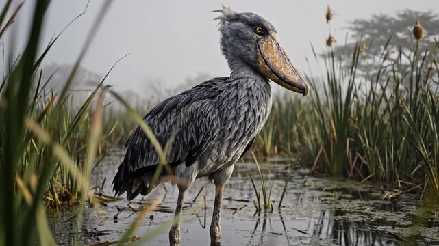 Shoebill Stork Stands Still in Misty Reedy Wetland