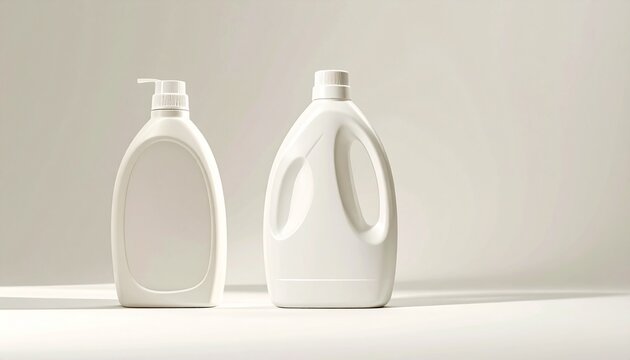 Two blank white plastic bottles, one with a pump dispenser and the other a larger handled container, are displayed in a clean, minimalist studio setting, offering ideal space for product mockups