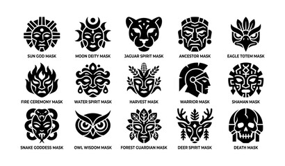 Fototapeta premium Mystical masks collection: sun, moon, jaguar, ancestor, eagle spirit art