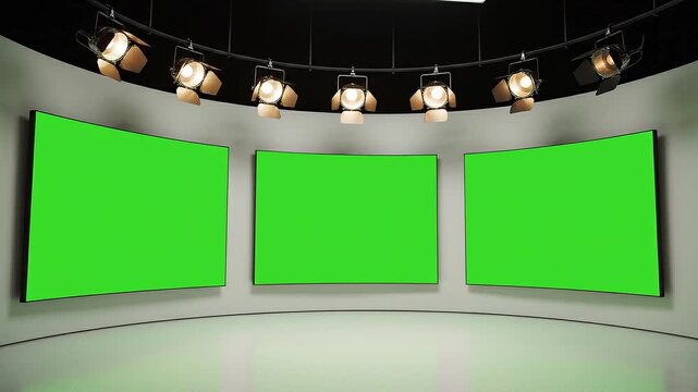 A spacious modern virtual television news studio set with three large curved green screen displays and multiple bright spotlights overhead