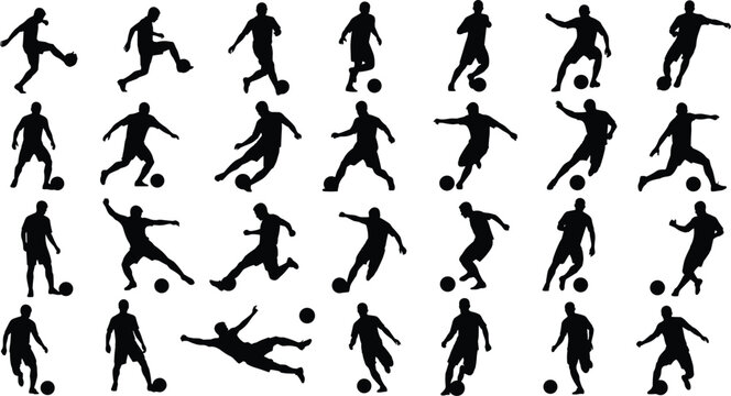 Twenty‑five black silhouettes of soccer players in dynamic poses including running, dribbling, kicking, and passing, arranged in rows, perfect for sports 