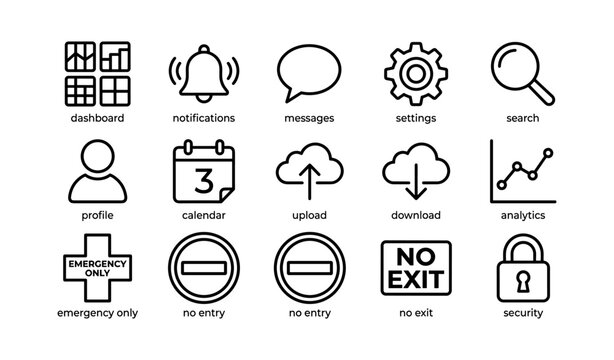 Set of minimalist black and white web interface icons on white background