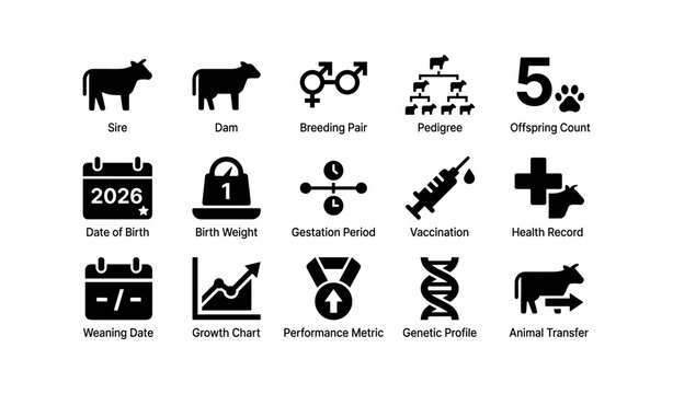 Livestock management icons: breeding, health, birth, growth metrics, genetics