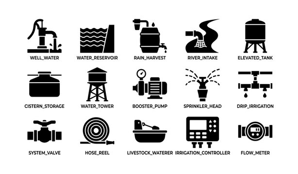 Water management icons depicting various storage and irrigation systems