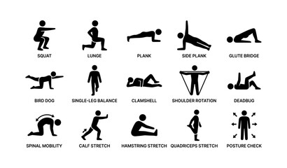 Obraz premium Illustrated guide to basic exercise positions and stretches for fitness