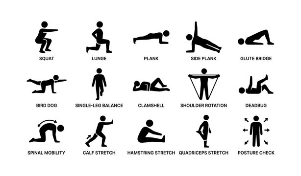 Illustrated guide to basic exercise positions and stretches for fitness