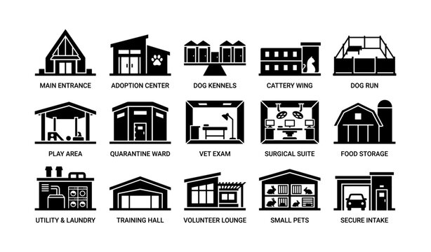 Animal shelter layout: facilities including quarantine ward, cattery wing, and vet exam room