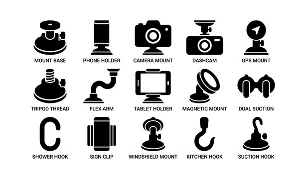 Various mounts and holders: camera, gps, tablet, and more icons