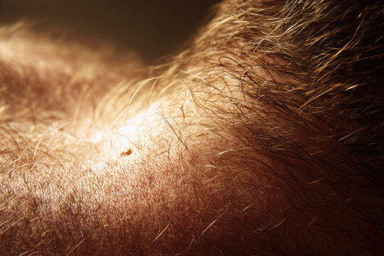 Close up of human skin with visible hair and mole showing texture and detail, highlighting sciatica nerve pain area on back under warm lighting