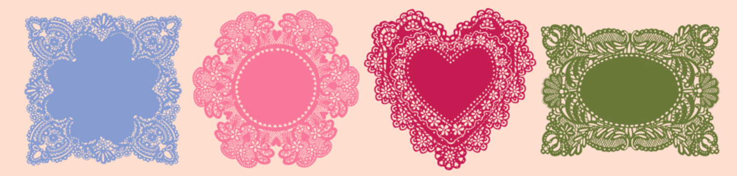 Elegant lace Napkins, Frames set. Various shapes, ornaments, crochet doily borders. Hand drawn Vector illustration. Wedding invitation, greeting card, Valentine day concept. Isolated design elements