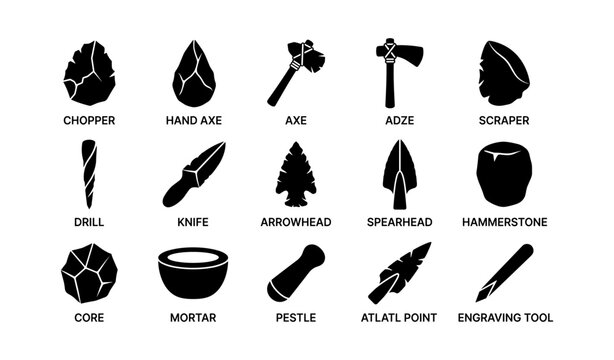 Ancient stone age tools: chopper, axe, scraper, drill, knife, mortar, pestle