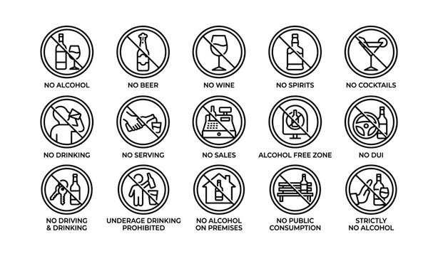 Alcohol restriction icons: no beer, wine, spirits, cocktails, public consumption