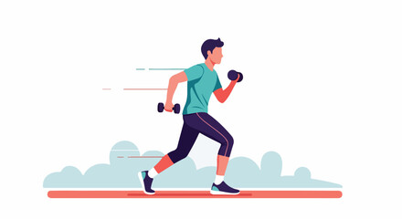 Obraz premium Man in activewear jogs with dumbbells in a colorful vector illustration