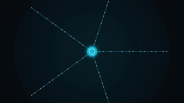 A bright blue dot shines at the center of multiple dotted lines radiating outward on a dark background
