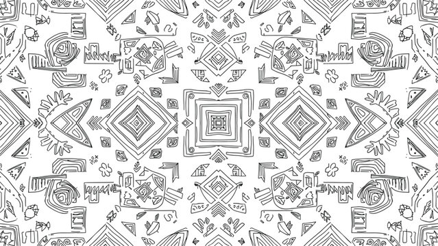 Complex black and white geometric pattern featuring tribal and ethnic motifs in a repetitive tileable design for backgrounds.