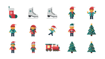 Fototapeta premium Comprehensive collection of various Christmas themed flat vector icons including trees, skates, holiday characters, and toy train.