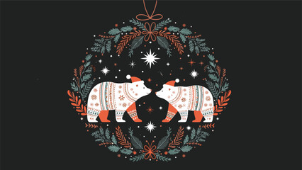 Obraz premium Two polar bears wearing festive sweaters and hats inside a decorative wreath frame on a dark background for Christmas.