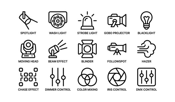 Stage lighting equipment icons: spotlight, strobe, projector, hazer, controls
