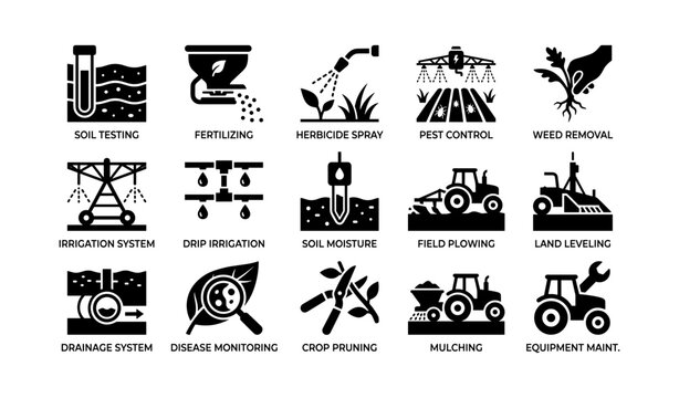 Agricultural icons: soil testing, fertilizing, pest control, irrigation, equipment maintenance
