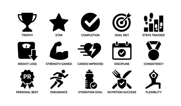 Fitness achievement icons set including trophy, goal, nutrition, and flexibility symbols