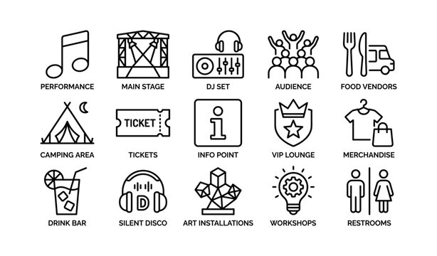 Music festival icons set: stage, dj, audience, food vendors, tickets, info point, vip lounge