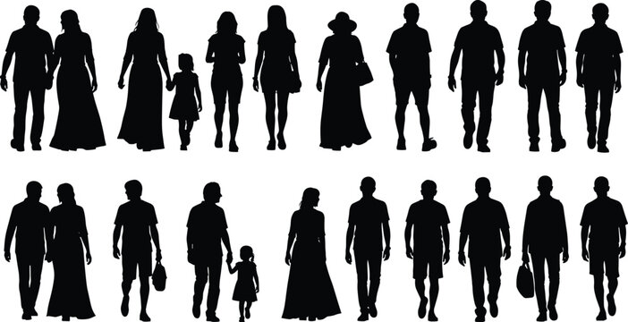 Silhouettes of diverse adults and children walking in pairs and groups, symbolizing companionship, caregiving, bonding, social connection, and everyday lifestyle representation for creative