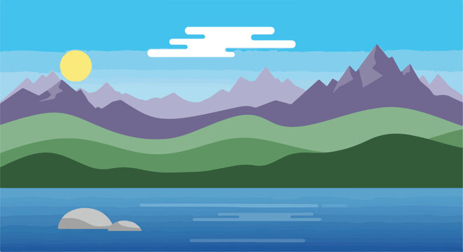 Minimalist illustration of a landscape with mountains, lake, and sun