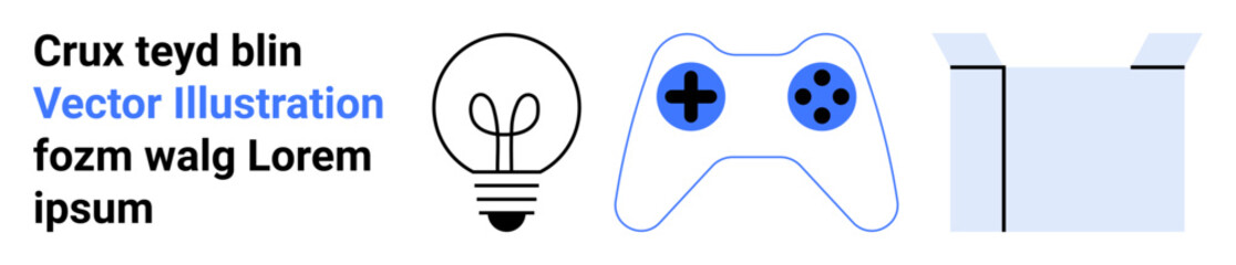 Gaming, creativity, technology, design, problem-solving innovation. Light bulb game controller text open box. Gaming and creativity concept. Line metaphor. Simple line icons © robu_s