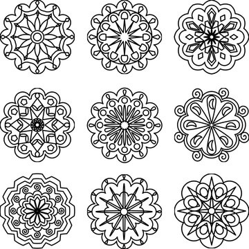 Geometric Mandala in Black and White with Mixed Basic Shapes and Clean Line Art.
