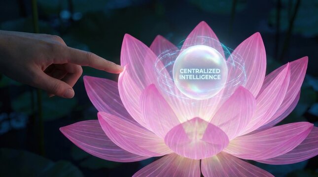 Hand touching glowing digital lotus with artificial intelligence concept