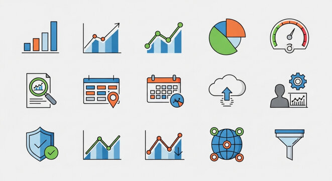 A collection of colorful business and finance vector icons and graphics